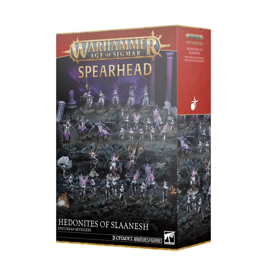 Release Date 7/4/2026
This boxed set builds 31 multipart plastic Hedonites of Slaanesh miniatures:
– 3 Thricefold Discord miniatures
– 3 Fiends
– 20 Daemonettes
– 5 Seekers
Contents:
– 277 plastic components, including 3 integrated bases
– 3 Citadel 75mm by 42mm Oval Bases
– 5 Citadel 60mm by 35mm Oval Bases
– 20 Citadel 25mm Round Bases
– 1 construction guide
These miniatures require assembly and are supplied unpainted. We recommend:
– Citadel Tools: Super Fine Detail Cutters
– Warhammer Colour Plastic G