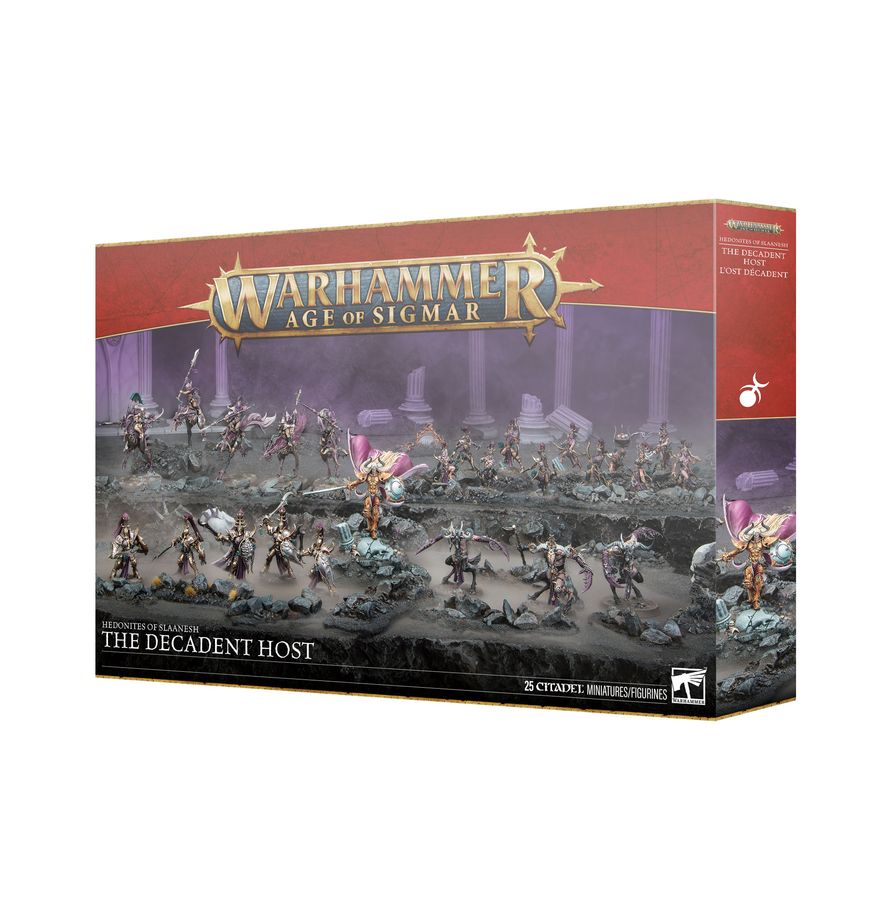 Release Date 7/4/2026
This boxed set builds 25 multipart plastic Hedonites of Slaanesh miniatures:
– 1 Sigvald, Prince of Slaanesh
– 5 Slickblade Seekers (which can alternatively be built as Blissbarb Seekers)
– 5 Myrmidesh Painbringers (which can alternatively be built as Symbaresh Twinsouls)
– 11 Blissbarb Archers, including 1 Blissbrew Homonculus
– 3 Slaangor Fiendbloods
Contents:
– 333 plastic components
– 1 Citadel 60mm Round Base
– 5 Citadel 75mm by 42mm Oval Bases
– 3 Citadel 40mm Round Bases
– 5 Cit