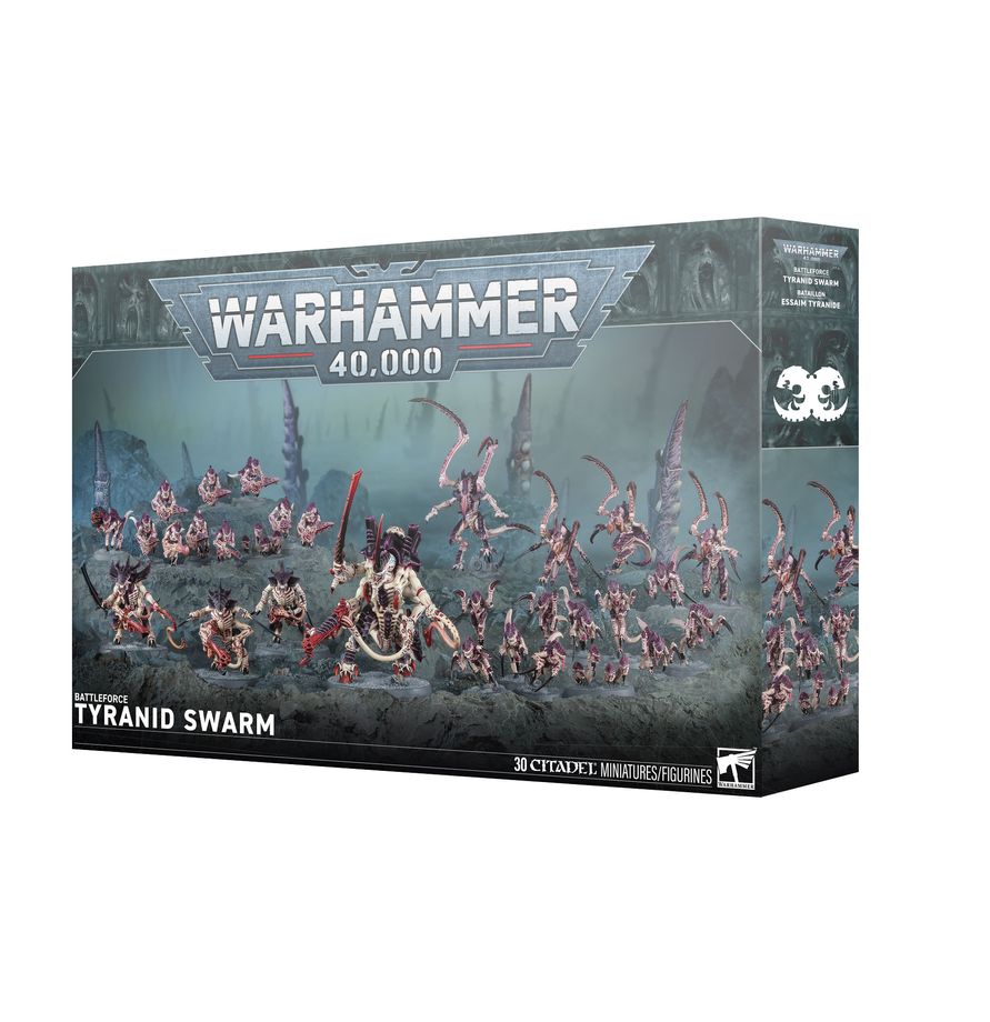 Release Date 7/11/2026
This boxed set builds 30 multipart plastic Tyranids miniatures:
– 1 Hive Tyrant (which can alternatively be built as a flying Winged Hive Tyrant, or a Swarmlord)
– 1 Lictor
– 3 Tyranid Warriors
– 3 Von Ryan's Leapers
– 10 Hormagaunts
– 10 Termagants
– 2 Ripper Swarms
Contents:
– 380 plastic components
– 1 Citadel 60mm Round Base
– 4 Citadel 50mm Round Bases
– 5 Citadel 40mm Round Hex Hole Bases
– 10 Citadel 28.5mm Round Hex Hole Bases
– 10 Citadel 28.5mm Round Bases
– 6 construction g