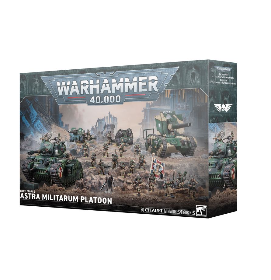 Release Date 7/11/2026
This boxed set builds 20 multipart plastic Astra Militarum miniatures:
– 1 Commissar
– 5 Cadian Command Squad miniatures
– 2 Field Ordnance Teams
– 1 Rogal Dorn Battle Tank
– 1 Basilisk
– 10 Cadian Shock Troops
Contents:
– 708 plastic components
– 6 Citadel 28.5mm Round Bases.
– 2 Citadel 100mm Round Bases
– 10 Citadel 25mm Round Bases
– 3 Cadian Transfer Sheets
– 2 Astra Militarum Vehicle Transfer Sheets
– 6 construction guides
These miniatures require assembly and are supplied unpai