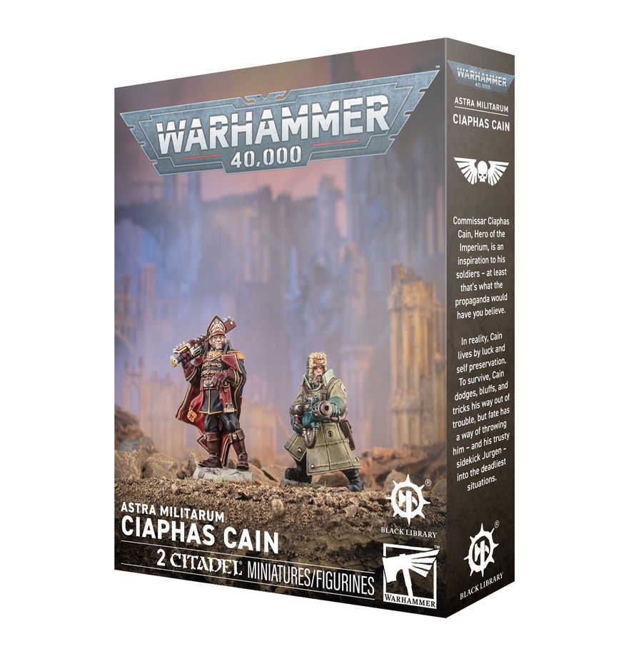 Release Date 7/11/2026
This multipart plastic kit builds Ciaphas Cain and Jurgen.
Contents:
– 19 plastic components, including 1 integrated 40mm scenic base
– 2 Citadel 28.5mm Round Bases
– 1 construction guide
These miniatures require assembly and are supplied unpainted. We recommend:
– Citadel Tools: Super Fine Detail Cutters
– Warhammer Colour Plastic Glue
– Warhammer Colour paints
Rules for using these miniatures in Warhammer 40,000 are available as a free download on the Warhammer Community website.