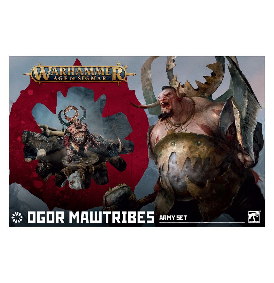 Release Date 8/1/2026
This boxed set builds 16 multipart plastic Ogor Mawtribes miniatures:
– 1 Tyrant
– 2 Maulbeast Cavalry
– 3 Ironguts
– 10 Gluttons
This boxed set also includes:
– Destruction Battletome: Ogor Mawtribes, a 114-page hardback book with artwork unique to this boxed set, red foil details on the cover, gilt page edges, and a black ribbon bookmark
– 52 Ogor Mawtribes warscroll cards
The kit comes supplied with:
– 374 plastic components
– 1 Citadel 50mm Round Base
– 13 Citadel 40mm Round Bases