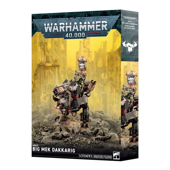 Release date 9/05/2026
This multipart plastic kit builds a Big Mek Dakkarig.
Contents:
– 44 plastic components
– 1 Citadel 90mm Round Hex Hole Base
– 1 construction guide
– 1 Orks Transfer Sheet
The Orks Transfer Sheet features 385 high-quality waterslide transfers. These include symbols and icons for the Goffs, Bad Moons, Snakebites, Evil Suns, Blood Axes, and Deathskulls, as well as universal Ork glyphs, symbols, and decorations.
This push-fit miniature requires assembly and is supplied unpainted. We re