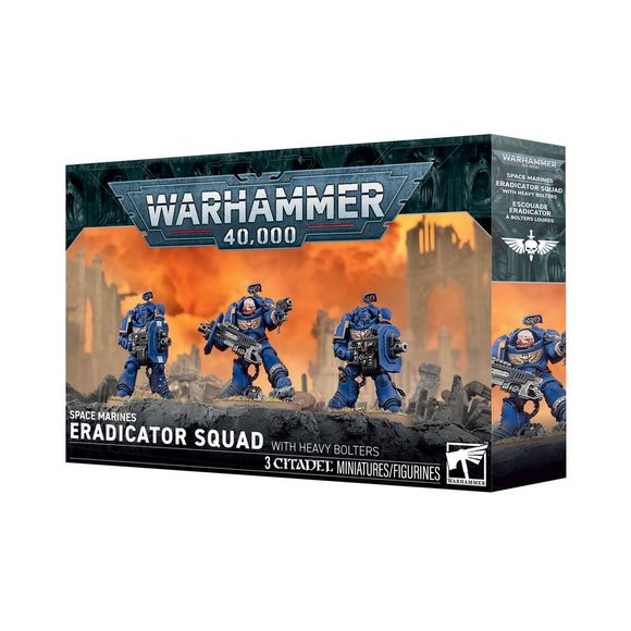 Release Date 10/03/2026
Add durable anti-infantry firepower to your Warhammer 40,000 army with Space Marines Eradicators with Heavy Bolters. This multipart plastic kit builds 3 Gravis-armored Space Marines equipped with heavy bolters, ideal for cutting through infantry, xenos units, and light vehicles. The Sergeant can be built helmeted or bareheaded, making this squad a strong option for players seeking resilient ranged support.
Contents:
– 34 plastic components
– 3 Citadel 40mm Round Hex Hole Bases
– 1 co