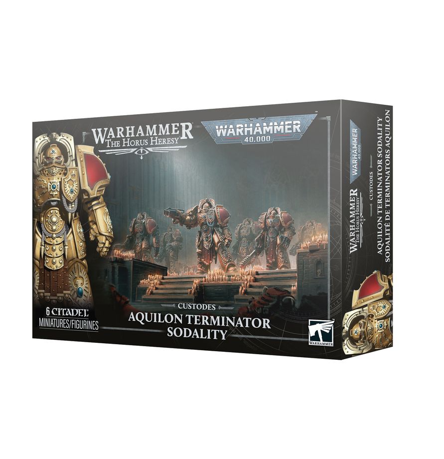 Release Date 10/17/2026
<p><strong>Warhammer: Adeptus Custodes – Aquilon Terminator Sodality</strong> adds six heavily armored elite warriors to your Adeptus Custodes or Legio Custodes force. Protected by advanced Terminator armor and equipped with devastating weaponry, Aquilon Terminators are built to absorb punishing attacks while breaking through the toughest enemy positions.</p>
<p>This multipart plastic kit builds 6 Aquilon Terminators for use in Warhammer 40,000 and The Horus Heresy. Their combinatio