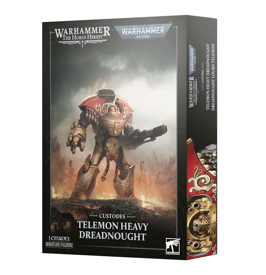 Release Date 10/17/2026
<p><strong>Warhammer 40,000: Adeptus Custodes – Telemon Heavy Dreadnought</strong> brings one of the Emperor’s most formidable war machines to the battlefield. This highly customizable multipart plastic kit builds 1 Telemon Heavy Dreadnought with multiple weapon options, including an Iliastus Accelerator Culverin, Adrathic Desolator, or Arachnus Storm Cannon.</p>
<p>Ideal for Adeptus Custodes armies in Warhammer 40,000 and Legio Custodes forces in The Horus Heresy, the kit includes