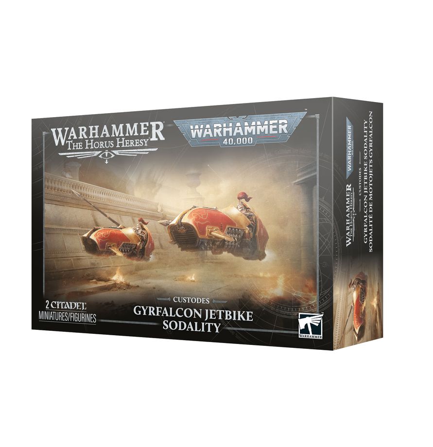 Release Date 10/17/2026
<p><strong>Warhammer: Adeptus Custodes – Gyrfalcon Jetbike Sodality</strong> adds fast-moving strike power to your Adeptus Custodes or Legio Custodes army. These elite jetbike riders can rapidly respond to threats, hunt down vulnerable targets, and unleash devastating firepower with a choice of Lastrum Bolt Cannon, Adrathic Devastator, Arachnus Volley Cannon, or Twin Corvae Las-Pulsar.</p>
<p>This multipart plastic kit builds 2 Gyrfalcon Jetbikes and includes 156 components, 2 Citad
