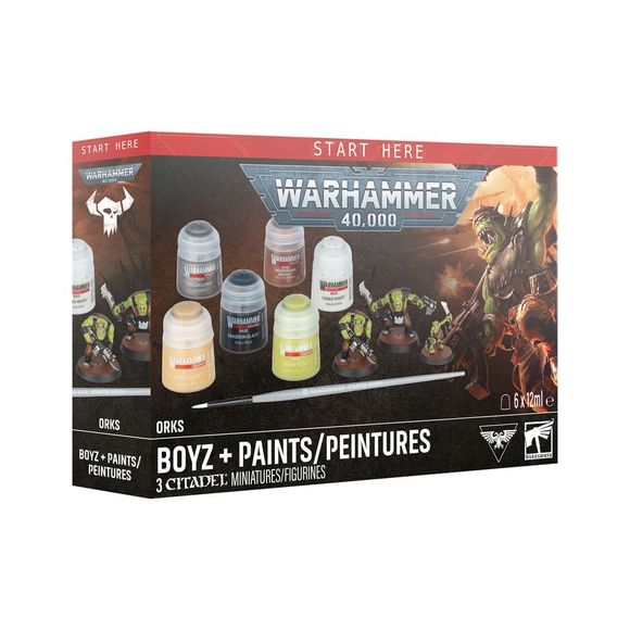 Release date: 7/25/2026
This box includes 3 push-fit Ork miniatures:
– 2 Ork Boyz
– 1 Gretchin
This set includes 6 Warhammer Colour paint pots:
– 1 Abaddon Black (Base)
– 1 Orruk Flesh (Base)
– 1 Mournfang Brown (Base)
– 1 Leadbelcher (Base)
– 1 Zandri Dust (Base)
– 1 Corax White (Base)
The kit comes supplied with:
– 9 plastic components
– 1 Citadel 25mm Round Hex Hole base
– 2 Citadel 32mm Round Hex Hole bases
– 1 Warhammer Colour Starter Brush