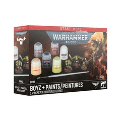 Release date: 7/25/2026
This box includes 3 push-fit Ork miniatures:
– 2 Ork Boyz
– 1 Gretchin
This set includes 6 Warhammer Colour paint pots:
– 1 Abaddon Black (Base)
– 1 Orruk Flesh (Base)
– 1 Mournfang Brown (Base)
– 1 Leadbelcher (Base)
– 1 Zandri Dust (Base)
– 1 Corax White (Base)
The kit comes supplied with:
– 9 plastic components
– 1 Citadel 25mm Round Hex Hole base
– 2 Citadel 32mm Round Hex Hole bases
– 1 Warhammer Colour Starter Brush
