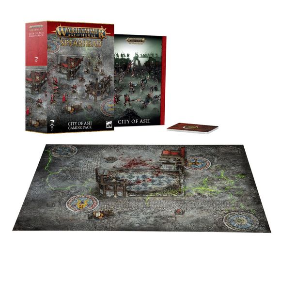 Release Date 7/4/2026
Contents:
– 1 Spearhead: City of Ash book: A 24-page softback booklet that includes rules to get you started with games of Spearhead, from choosing your army, to the Battleplan: City of Ash. Also included is a mini campaign, and rules for the Cities of Sigmar: Sentinels of Embergard, and Skaven: Crixxit's Kill-Pack Spearheads.
– 1 Double-sided game board: Featuring 5 printed objectives on both sides, designed for use in your Spearhead games. It depicts the urban environments of the S