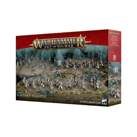 Release Date 2/21
This boxed set builds 37 multipart plastic Lumineth Realm-lords miniatures:
– 1x Ellania and Ellathor, Eclipsian Warsages
– 1x Vanari Starshard Ballista
– 5x Vanari Bladelords
– 10x Ydrilan Riverblades
– 10x Vanari Auralan Sentinels
– 10x Vanari Auralan Wardens
This kit comprises 410 plastic components, 1x Citadel 80mm Round Base, 1x Citadel 40mm Round Base, 30x Citadel 32mm Round Bases, and 5x Citadel 28.5mm Round Bases. These miniatures require assembly and are supplied unpainted – we re
