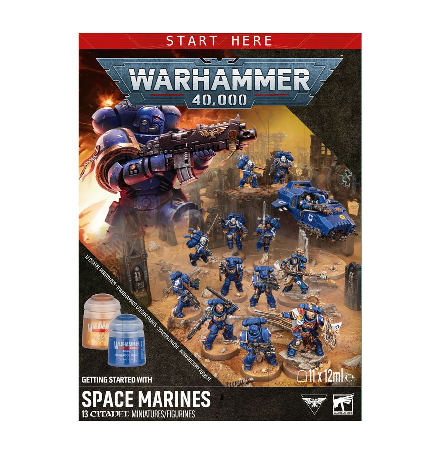 Release Date 7/25/2026
This box includes 13 push-fit Space Marines miniatures:
– 1 Captain with Relic Shield
– 1 Librarian
– 5 Intercessors
– 5 Vanguard Veterans
– 1 Land Speeder
This set contains the following Warhammer Colour paint pots and accessories:
– 1 softcover 36-page Introductory Booklet
– 1 Warhammer Colour Starter Brush
– 1 Texture Spreader
– 1 Abaddon Black (Base)
– 1 Macragge Blue (Base)
– 1 Mournfang Brown (Base)
– 1 Leadbelcher (Base)
– 1 Retributor Armour (Base)
– 1 Corax White (Base)
– 1 M