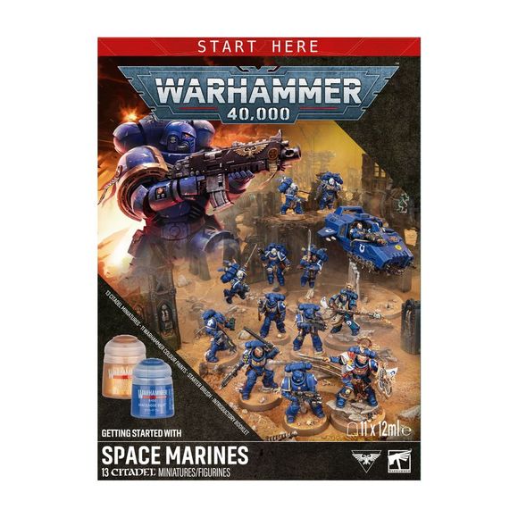 Release Date 7/25/2026
This box includes 13 push-fit Space Marines miniatures:
– 1 Captain with Relic Shield
– 1 Librarian
– 5 Intercessors
– 5 Vanguard Veterans
– 1 Land Speeder
This set contains the following Warhammer Colour paint pots and accessories:
– 1 softcover 36-page Introductory Booklet
– 1 Warhammer Colour Starter Brush
– 1 Texture Spreader
– 1 Abaddon Black (Base)
– 1 Macragge Blue (Base)
– 1 Mournfang Brown (Base)
– 1 Leadbelcher (Base)
– 1 Retributor Armour (Base)
– 1 Corax White (Base)
– 1 M