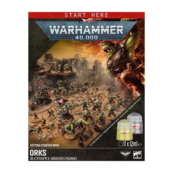 Release Date 7/25/2026
This box includes 33 push-fit Ork miniatures:
– 1 Warboss
– 1 Weirdboy
– 20 Ork Boyz
– 10 Gretchin
– 1 Wartrakk
This set contains the following Warhammer Colour paint pots and accessories:
– 1 Softcover 44-page Introductory Booklet
– 1 Warhammer Colour Starter Brush
– 1 Texture Spreader
– 1 Abaddon Black (Base)
– 1 Orruk Flesh (Base)
– 1 Runelord Brass (Base)
– 1 Leadbelcher (Base)
– 1 Zandri Dust (Base)
– 1 Wraithbone (Base)
– 1 Mephiston Red (Base)
– 1 Mournfang Brown (Base)
– 1 Daw