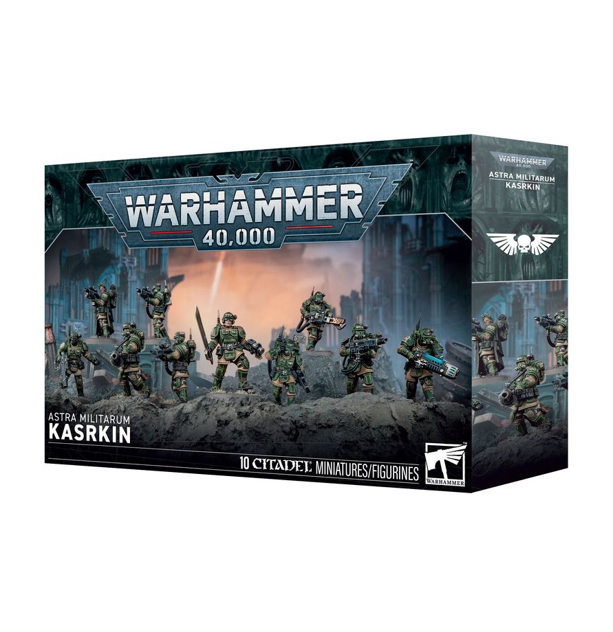 Release Date 8/8/2026
This multipart plastic kit builds a squad of 10 Kasrkin.
Contents:
– 166 plastic components
– 10 Citadel 28.5mm Round Bases
– 1 construction guide
– 1 Cadian Transfer Sheet
The Cadian Transfer Sheet features 597 high-quality waterslide transfers. These include symbols for regiments from Cadia, as well as logos, numerals, and markings to decorate your miniatures.
These miniatures require assembly and are supplied unpainted. We recommend:
– Citadel Tools: Super Fine Detail Cutters
– Wa