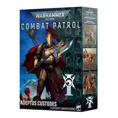 Release Date 10/17/2026
<p><strong>Warhammer 40,000: Combat Patrol – Adeptus Custodes</strong> is a complete force for starting or expanding an elite Adeptus Custodes army. Led by a Shield-Captain, this box combines durable Sentinel Guard, fast-moving Venatari, and a powerful Contemptor Dreadnought for a flexible army built to dominate close-range engagements and tactical objectives.</p>
<p>This set builds 11 multipart plastic miniatures: 1 Shield-Captain, 6 Sentinel Guard, 3 Venatari, and 1 Contemptor-Ach