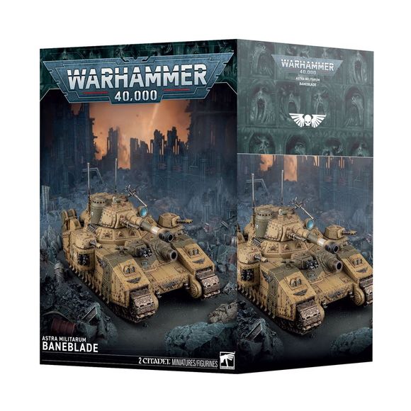 Release Date 8/08/2026
Thismultipart plastic kit builds 1 Baneblade.
Contents:
– 321 plastic components
– 1 Citadel 25mm Round Base
– 1 construction guide
– 1 Baneblade Transfer Sheet
The Baneblade Transfer Sheet features 253 high-quality waterslide transfers. These include Cadian icons, numbers, honour markings, and more to decorate your tank.
These miniatures require assembly and are supplied unpainted. We recommend:
– Citadel Tools: Super Fine Detail Cutters
– Warhammer Colour Plastic Glue
– Warhammer