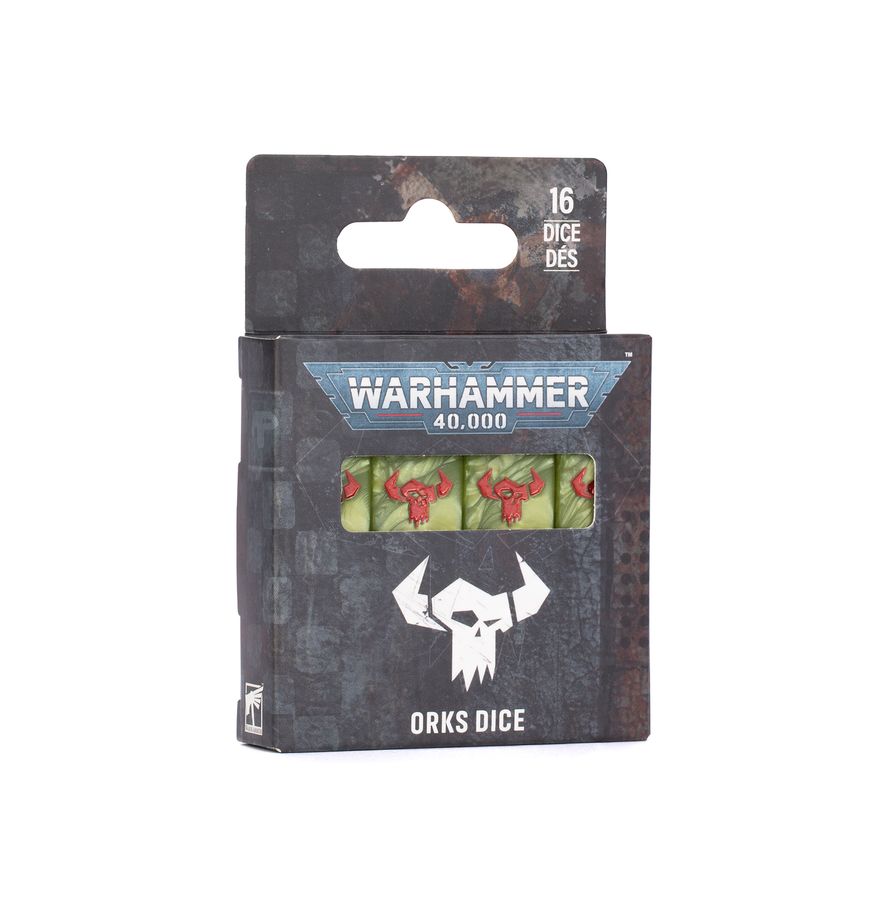 Release Date 9/05/2026
This is a set of 16 six-sided dice with squared edges for use in games of Warhammer 40,000, themed around the Orks. They are cast in green acrylic plastic with red ink markings, and measure 16mm along each edge. The 1-5 facings are traditionally pipped, and each '6' face is decorated with the Orks logo.