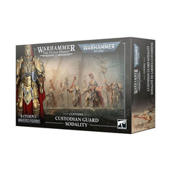 Release Date 10/17/2026
<p><strong>Warhammer: Adeptus Custodes – Custodian Guard Sodality</strong> brings six of the Emperor’s elite golden warriors to your tabletop, armed with iconic Guardian Spears and clad in ornate auramite armor. Fast, durable, and deadly, Custodian Guard excel at claiming objectives and cutting through enemy forces in both Warhammer 40,000 and The Horus Heresy.</p>
<p>This multipart plastic kit builds 6 Custodian Guard and includes 128 components, 23 interchangeable heads, 6 plumes,