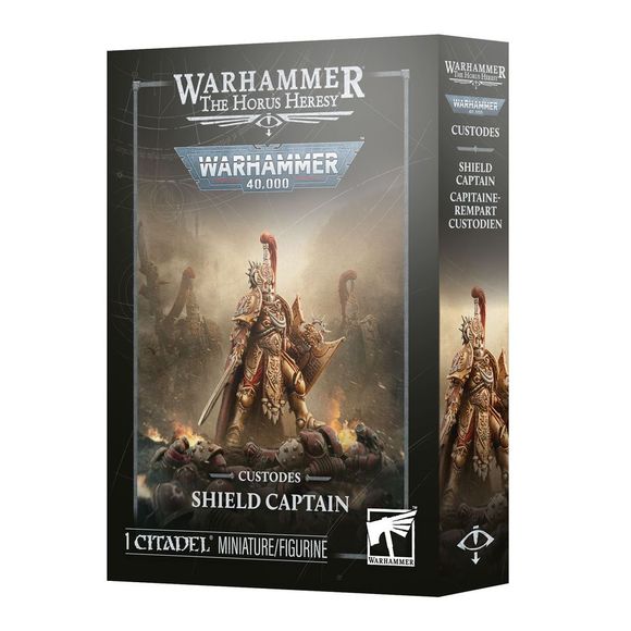 Release Date 10/17/2026
<p><strong>Warhammer: Adeptus Custodes – Shield Captain</strong> adds a powerful commander to your Adeptus Custodes or Legio Custodes force. Clad in ornate armor and equipped with an Eternity Blade and Praesidium Shield, this elite leader combines exceptional durability, battlefield authority, and deadly close-combat ability.</p>
<p>This multipart plastic kit builds 1 Shield Captain and includes 24 plastic components, a Citadel 40mm round base, and a choice of helmeted or bare head