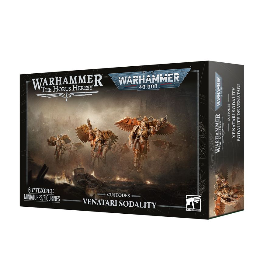 Release Date 10/17/2026
<p><strong>Warhammer: Adeptus Custodes – Venatari Sodality</strong> adds elite airborne warriors to your Legio Custodes or Adeptus Custodes army. Equipped with Custodian jump harnesses, these swift fighters excel at striking isolated targets and can be armed with Kinetic Destroyers and Tarsus Bucklers or deadly Verutum Lances.</p>
<p>This multipart plastic kit builds 6 Venatari with extensive customization options, including alternate heads, shoulder pads, jump harnesses, weapons, a