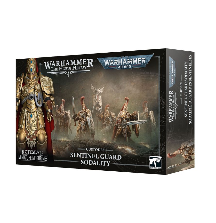 Release Date 10/17/2026
<p><strong>Warhammer: Adeptus Custodes – Sentinel Guard Sodality</strong> adds an elite defensive unit to your Adeptus Custodes or Legio Custodes army. Armed with Sentinel Blades, Misericordia, and Praesidium Shields, these heavily armored warriors combine exceptional durability with devastating close-combat power.</p>
<p>This multipart plastic kit builds 6 Sentinel Guard, with the option to assemble one as a Sentinel Vexillarius carrying a Magisterium Vexilla. Includes 125 plastic