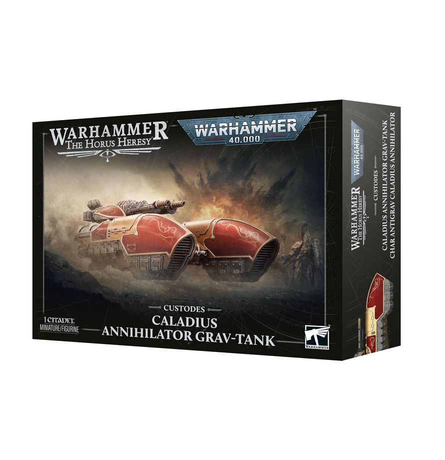 Release Date 10/17/2026
<p><strong>Warhammer: Adeptus Custodes – Caladius Annihilator Grav-Tank</strong> delivers devastating heavy firepower for Adeptus Custodes and Legio Custodes armies. Armed with a turret-mounted Arachnus Blaze Carronade, this swift antigrav tank is built to tear through heavily armored infantry while its durable chassis keeps it mobile and dangerous across the battlefield.</p>
<p>This multipart plastic kit builds 1 Caladius Annihilator Grav-Tank with a choice of hull-mounted weapons.