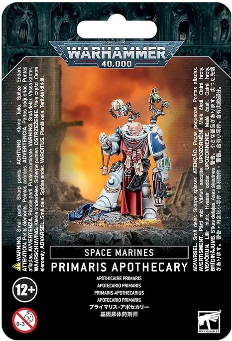 This multi-part plastic kit contains the components necessary to assemble a Primaris Apothecary.