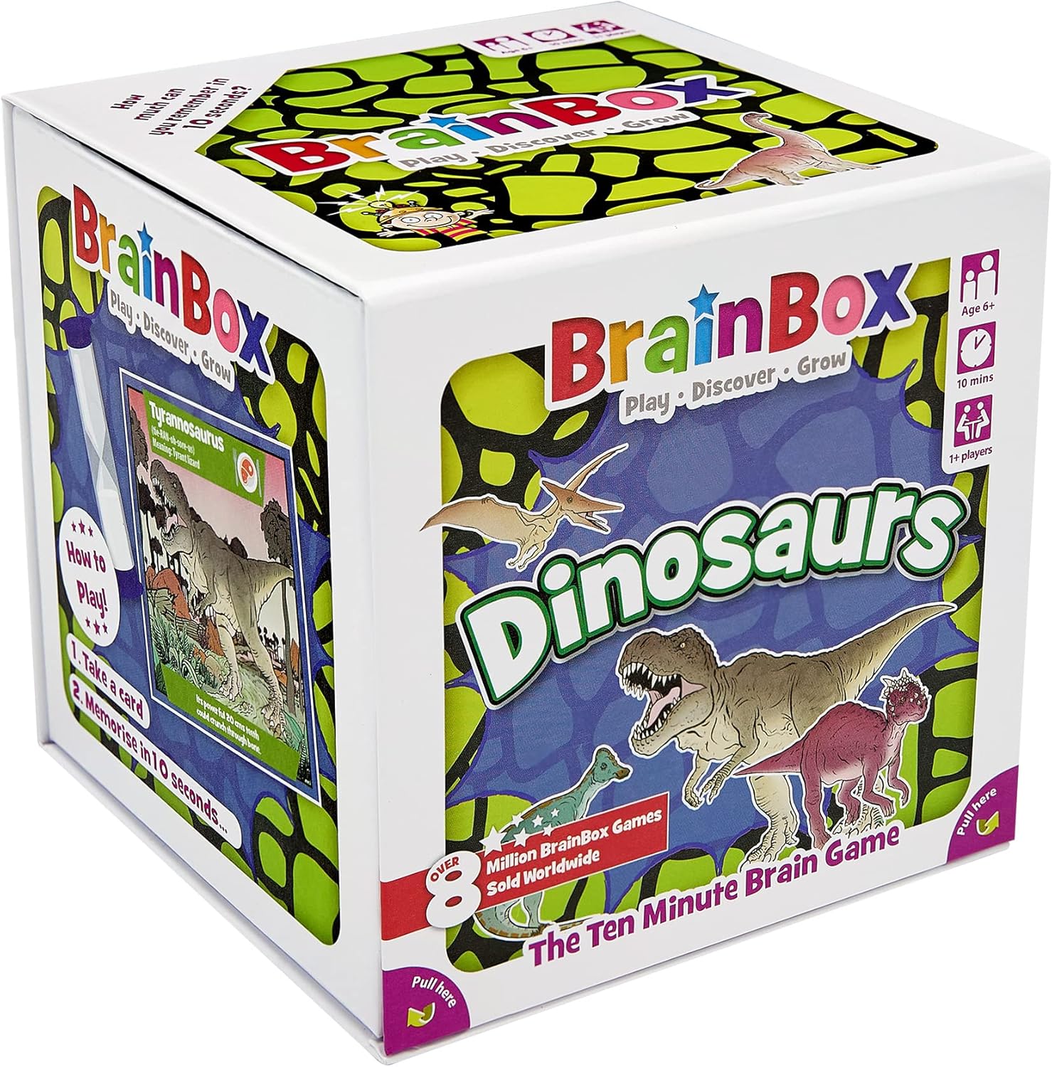 BrainBox is a fun memory and observation card game which tests your eye for detail. What can you remember in just 10 seconds? This dinosaurs edition of the game features creatures from all three prehistoric era’s; Triassic, Jurassic and Cretaceous.
BrainBox Dinosaurs contains 55 game cards each representing a different member of the prehistoric world, from; T-Rex to Triceratops, Stegosaurus to Diplodocus and many more besides. Each card has an individual species with details of how they lived with hand dra