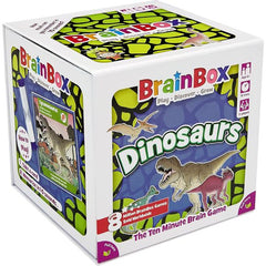 BrainBox is a fun memory and observation card game which tests your eye for detail. What can you remember in just 10 seconds? This dinosaurs edition of the game features creatures from all three prehistoric era’s; Triassic, Jurassic and Cretaceous.
BrainBox Dinosaurs contains 55 game cards each representing a different member of the prehistoric world, from; T-Rex to Triceratops, Stegosaurus to Diplodocus and many more besides. Each card has an individual species with details of how they lived with hand dra