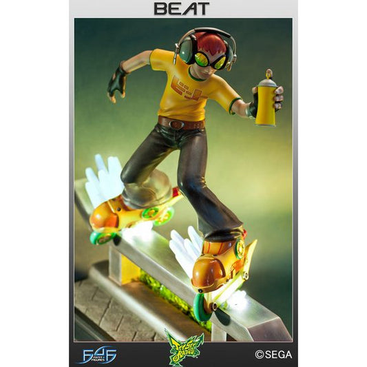 Beat is portrayed doing what he does best: Grinding along a beam in Tokyo-To on his special skates, with spray-can in hand, tagging any spot he can. Cast in high quality polystone and painted by hand, we have worked hard to capture Beat in a look reminiscent of the cel-shaded style that the original Jet Set Radio was praised for. Recreated in 1/6 scale, Beat measures 14 inches tall from the base to his head. LEDs in the sparks flying from Beat’s in-line skates, bringing extra life to the piece!
Measures ap