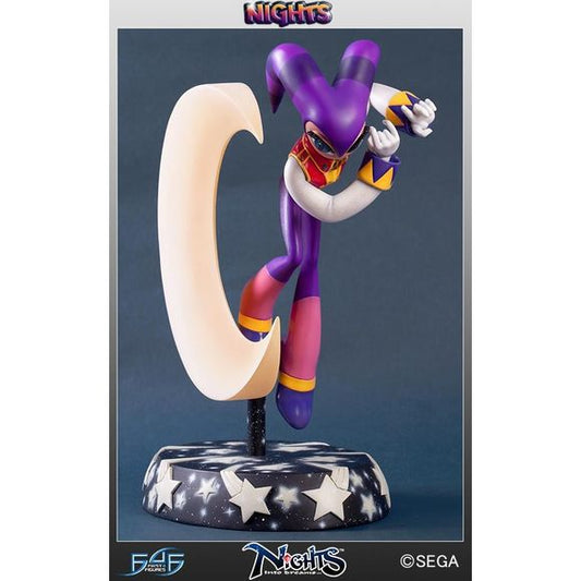 This statue has no edition number, and was a replacement and is in new and unopened condition. Originally released in 2015.
First 4 Figures is proud to present NiGHTS, the main character from the hugely popular NiGHTS Into Dreams that debuted on the SEGA Saturn. NiGHTS is stood upon a pedastal next to the crescent moon, recreating one of the most iconic images of the character. To the top of the moon, the entire statue measures 12.5 inches tall, and is completely made out of high quality polystone. All of