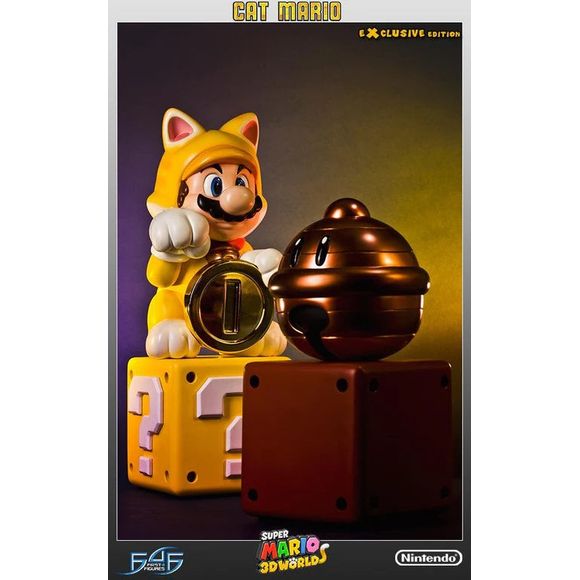 This statue has no edition number, and was a replacement and is in NEW and UNOPENED condition. 
First 4 Figures is happy to power-up our Super Mario collection with the adorable Cat Mario. Clutching a shiny, golden Coin in one paw and with the other raised in the classic lucky cat pose, Cat Mario sits atop one of the series’ signature Question Mark Blocks. He’s even wearing Lucky Cat Scarf and Bell around his neck.
Cat Mario is made from the same high quality polystone resin that we use for all of our sta
