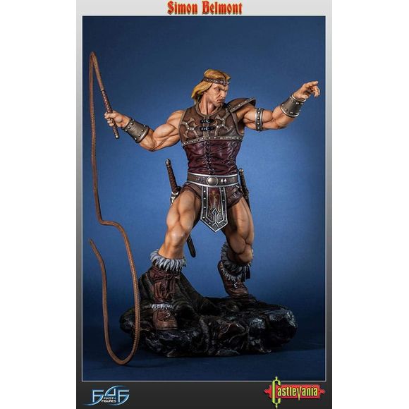 This statue has no edition number, and was a replacement and is in new and unopened condition.
First 4 Figures proudly presents Simon Belmont, as he appeared in the boxart for the very first Castlevania game. He's stood at the foot of Dracula's Castle, cracking the Vampire Killer as he prepares to embark upon his quest to slay Dracula. All of the details from his leather armour and metal plates to his locks of hair and the tree stump on the base have all been painted by hand after being cast in smooth, hi