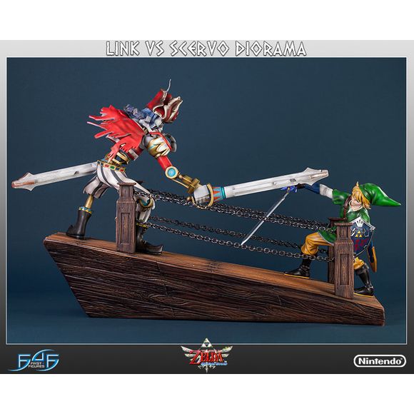 This statue has no edition number, and was a replacement and is in new and unopened condition.
First 4 Figures is proud to present the Link vs. Scervo diorama! This dynamic diorama is based on scenes from The Legend of Zelda: Skyward Sword. The Link and Scervo figures stand on the bowsprit of the Sandship, locked in an intense sword duel to the death. The base is cast in high quality polystone that has been hand painted to produce an outstanding finish. The figure are made of high-quality PVC plastic. Th