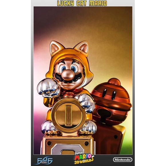 This statue has no edition number, and was a REPLACEMENT and is in NEW and UNOPENED condition. 
First 4 Figures is happy to power-up our Super Mario collection with the adorable Cat Mario. Clutching a shiny, golden Coin in one paw and with the other raised in the classic lucky cat pose, Cat Mario sits atop one of the series’ signature Question Mark Blocks. He’s even wearing Lucky Cat Scarf and Bell around his neck.
Cat Mario is made from the same high quality polystone resin that we use for all of our sta