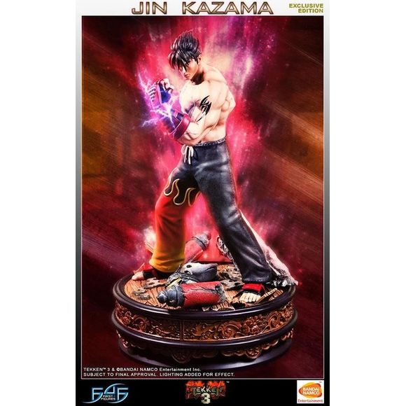 This statue has no edition number, and was a replacement and is in new and unopened condition.
First 4 Figures is proud to present Jin Kazama. Presented in his appearance seen in TEKKEN 3, Jin Kazama is ready to take on the next challenger.
This is the exclusive version of Jin Kazama. This version of the statue is inspired from the TEKKEN Force mode found within the game. Jin Kazama is standing on a Dojo themed base, including breakages scattered all over the floor with a battle damage helmet from the enem
