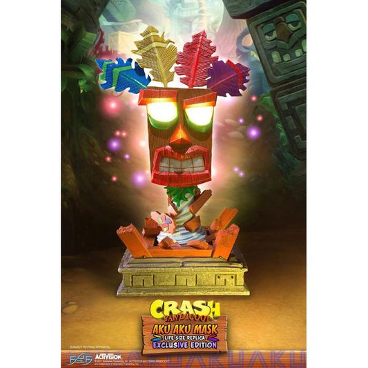 This statue has no edition number, and was a replacement and is in new and unopened condition. 
First 4 Figures is proud to present the highly anticipated Crash Bandicoot - Aku Aku Mask Exclusive Edition.
Aku Aku is an ancient benevolent witch doctor spirit who was reincarnated and is able to communicate through the aid of a special wooden mask. Throughout the Crash Bandicoot series, Aku Aku guides Crash, his sister Coco, and their friends as they defeat the forces of evil. He is also seen as a father fig