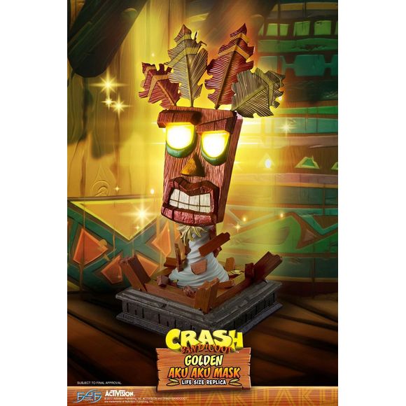 This statue has no edition number, and was a replacement and is in new and unopened condition.
Crash Bandicoot - Life Size GOLDEN Aku Aku Mask comes with the following:-
Crash Bandicoot - GOLDEN Aku Aku Life Size Mask
Highly detailed base presented in the form of a broken Aku Aku Crate in which Aku Aku is released from just like in the game.
LEDs - Eyes glow.
Authentication Card
Product Size:
Height - 25.5 inches (65cm)
Width - 17 inches (43cm)
Depth - 11 inches (28cm)
Weight: 7.72KG