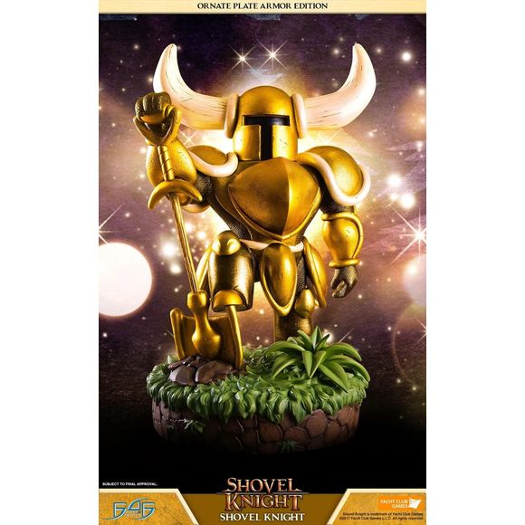 This statue has no edition number, and was a replacement and is in new and unopened condition. Shovel Knight - Shovel Knight Ornate Plate Armor edition comes with the following:-
Shovel Knight - Shovel Knight - Ornate Plate Armor Statue
Highly detailed base inspired from The Plains, also known as the Plains of Passage straight from the first stage in the game.
Additional Headculpt - Fish Head, resembling the character '????'