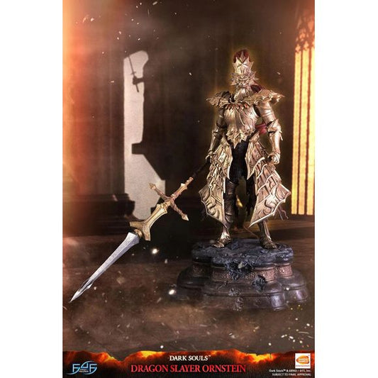 This statue has no edition number, and was a replacement and is in new and unopened condition. 
First 4 Figures is proud to present the highly anticipated Dark Souls - Dragon Slayer Ornstein Resin Statue Regular Edition.
One of Lord Gwyn's trusted knights, Ornstein was believed to be the captain of the Four Knights of Gwyn. With being the captain, he was granted a special soul and the Leo Ring by the Lord of Sunlight.
Donning golden armor that was permeated with the power of lightning, it was made to res