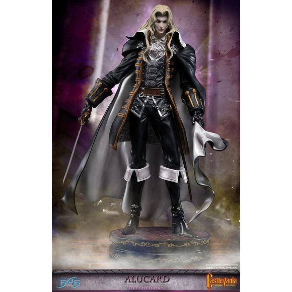 This item is new in box and never displayed.
First 4 Figures is proud to present the highly anticipated Castlevania: Symphony of the Night -  Alucard Exclusive Edition!
Alucard, also known as Adrian Fahrenheit Ţepeş, is the dhampir son of Dracula. Born because of an unnatural bond between Dracula and a human woman named Lisa, Alucard had special powers and was destined to be stronger than any human but not as strong as his father.
Alucard is a superb swordsman and typically wields one handed swords at ti