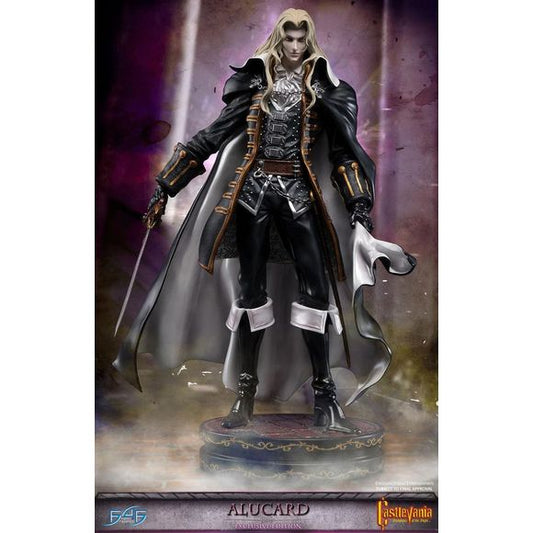 This item is new in box and never displayed.
First 4 Figures is proud to present the highly anticipated Castlevania: Symphony of the Night -  Alucard Exclusive Edition!
Alucard, also known as Adrian Fahrenheit Ţepeş, is the dhampir son of Dracula. Born because of an unnatural bond between Dracula and a human woman named Lisa, Alucard had special powers and was destined to be stronger than any human but not as strong as his father.
Alucard is a superb swordsman and typically wields one handed swords at ti