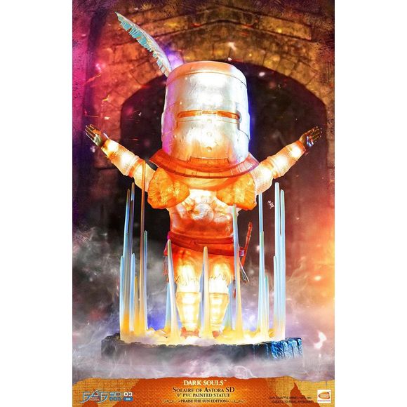 First 4 Figures is proud to present the highly anticipated Dark Souls - Solaire of Astora SD 9" PVC Painted statue.
Solaire of Astora, a jolly knight, is a Warrior of Sunlight who purposefully became Undead so he could visit Lordran in his quest to find his own sun. Solaire is a skilled warrior who doesn't rely on special powers to win. He provides assistance to the player and engages in jolly cooperation. For successful co-op fights he rewards the player with Sunlight Medals because of his membership in t