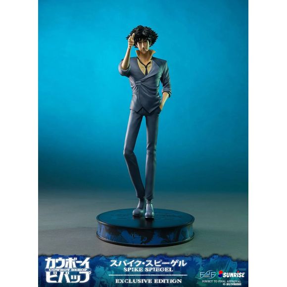 This statue has no edition number, and was a replacement and is in new and unopened condition.
First 4 Figures is proud to present the highly anticipated Cowboy Bebop Exclusive statue.
Spike Spiegel, a former member of the criminal Red Dragon Syndicate who left by faking his own death, is a bounty hunter aboard the spaceship Bebop. He's first introduced as the partner of Jet Black, the captain of the Bebop, and the two of them pursue criminals all across the solar system. During his travels on the Bebop,
