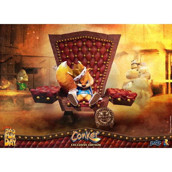 This statue has no edition number, and was a replacement and is in new and unopened condition.
First 4 Figures is proud to present the highly anticipated Conker: Conker's Bad Fur Day – Conker Exclusive Edition statue!
"Well, here I am. Conker the king, king of all the land! Who'd have thought that? "But how did I come to this?", I hear ya say. "And who are those strange fellows that surround my throne?", that you also say. Well, it's a long story. Come closer, and I'll tell ya. It all started yesterday,