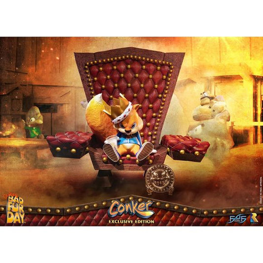 This statue has no edition number, and was a replacement and is in new and unopened condition. 
First 4 Figures is proud to present the highly anticipated Conker: Conker's Bad Fur Day – Conker Exclusive Edition statue!
"Well, here I am. Conker the king, king of all the land! Who'd have thought that? "But how did I come to this?", I hear ya say. "And who are those strange fellows that surround my throne?", that you also say. Well, it's a long story. Come closer, and I'll tell ya. It all started yesterday,