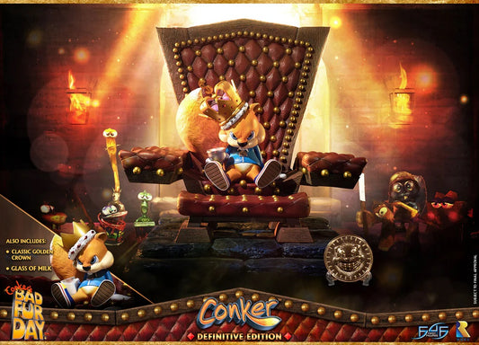 This statue has no edition number, and was a replacement and is in new and unopened condition.
First 4 Figures is proud to present the highly anticipated Conker: Conker's Bad Fur Day – Conker Definitive Edition statue!
"Well, here I am. Conker the king, king of all the land! Who'd have thought that? "But how did I come to this?", I hear ya say. "And who are those strange fellows that surround my throne?", that you also say. Well, it's a long story. Come closer, and I'll tell ya. It all started yesterday,