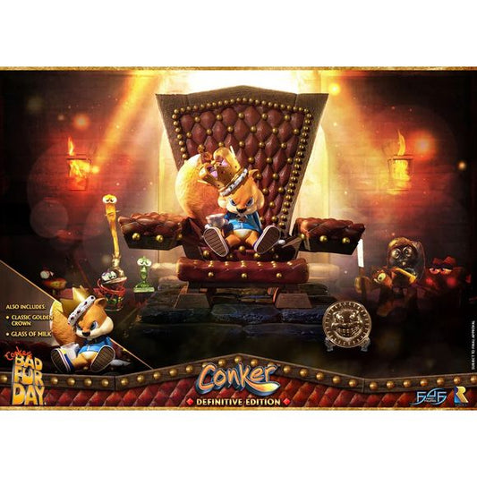 This statue has no edition number, and was a replacement and is in new and unopened condition.
First 4 Figures is proud to present the highly anticipated Conker: Conker's Bad Fur Day – Conker Definitive Edition statue!
"Well, here I am. Conker the king, king of all the land! Who'd have thought that? "But how did I come to this?", I hear ya say. "And who are those strange fellows that surround my throne?", that you also say. Well, it's a long story. Come closer, and I'll tell ya. It all started yesterday,