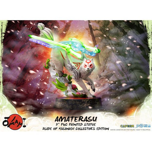 First 4 Figures is proud to introduce their latest PVC collectible, Amaterasu PVC: Karmic Transformer 8 statue. 
Amaterasu is the Celestial Brush goddess of the Sun and represents the dog in the twelve East Asia zodiacs. She is a white wolf with ruby-red markings throughout her body and a tail shaped like a calligraphy brush. Floating right above her is her Divine Instrument, the fiery Reflector, which she uses as a weapon to fend of evil. Formerly known as the revered Shiranui, master of all Celestial Bru